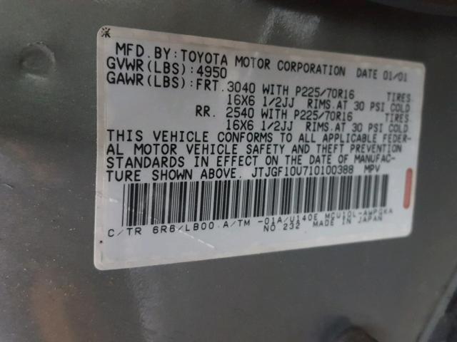 JTJGF10U710100388 - 2001 LEXUS RX 300 GRAY photo 10