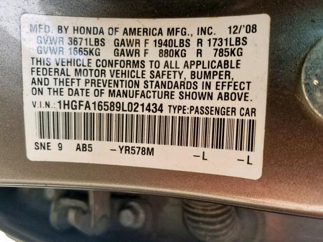 1HGFA16589L021434 - 2009 HONDA CIVIC LX GRAY photo 10