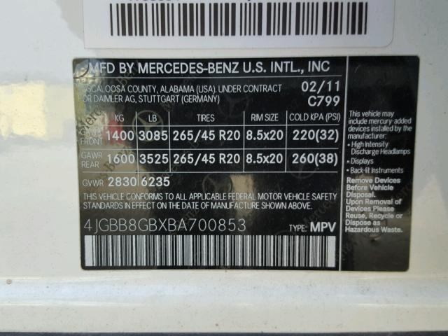 4JGBB8GBXBA700853 - 2011 MERCEDES-BENZ ML 350 4MA WHITE photo 10