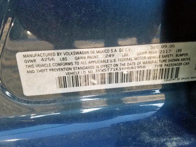 3VWST71K16M681958 - 2006 VOLKSWAGEN JETTA TDI BLUE photo 10