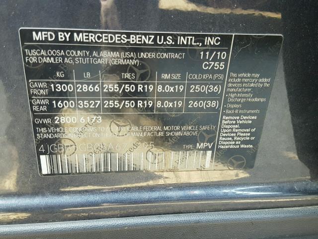 4JGBB5GB0BA671295 - 2011 MERCEDES-BENZ ML 350 GRAY photo 10