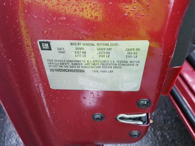 2G1WD58CX89255906 - 2008 CHEVROLET IMPALA SUP 红色 照片 10