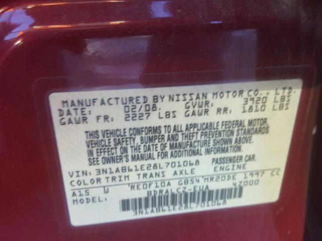 3N1AB61E28L701068 - 2008 NISSAN SENTRA 2.0 RED photo 10