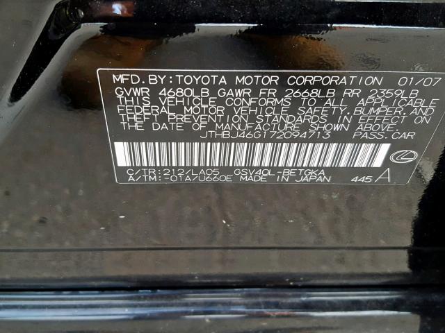 JTHBJ46G172094713 - 2007 LEXUS ES 350 BLACK photo 10