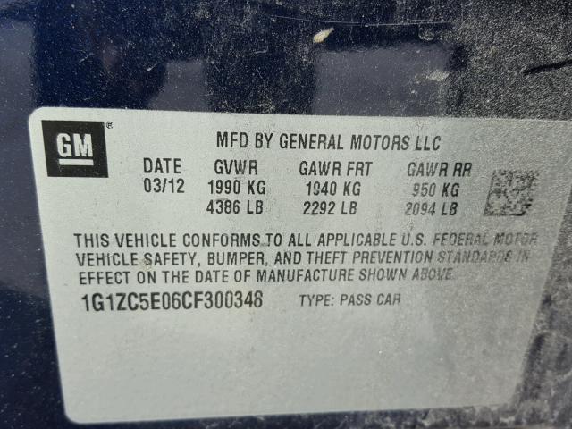 1G1ZC5E06CF300348 - 2012 CHEVROLET MALIBU 1LT BLUE photo 10