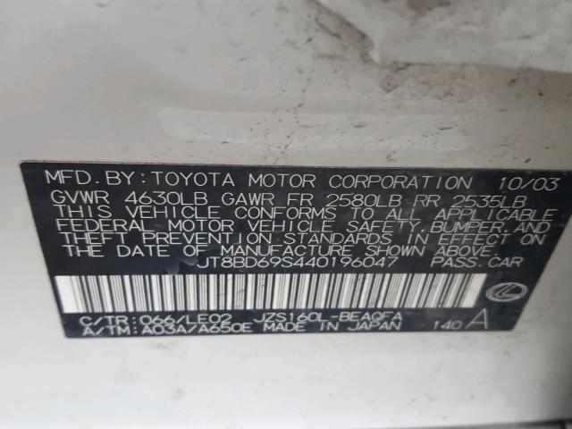 JT8BD69S440196047 - 2004 LEXUS GS 300 WHITE photo 10