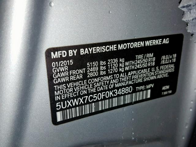 5UXWX7C50F0K34880 - 2015 BMW X3 XDRIVE3 SILVER photo 10