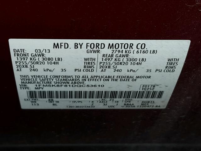 1FM5K8F81DGC53610 - 2013 FORD EXPLORER L RED photo 10