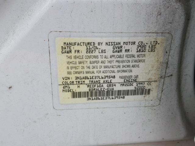 3N1AB61E37L639548 - 2007 NISSAN SENTRA 2.0 WHITE photo 10