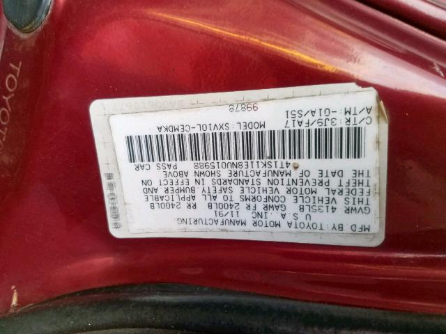 4T1SK11E8NU015988 - 1992 TOYOTA CAMRY DLX წითელი ფოტო 10