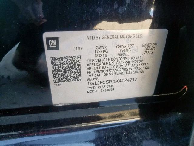 1G1JF5SB1K4124717 - 2019 CHEVROLET SONIC PREM BLACK photo 10