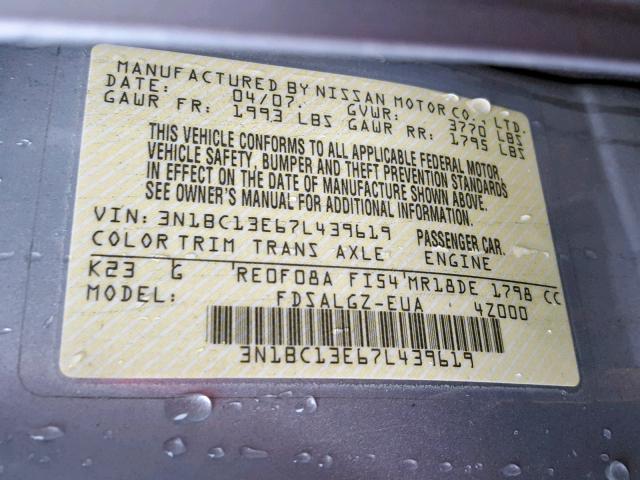 3N1BC13E67L439619 - 2007 NISSAN VERSA S SILVER photo 10