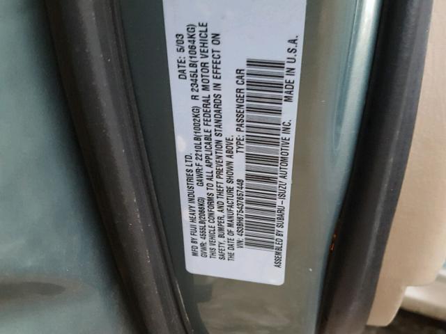 4S3BH675437657448 - 2003 SUBARU LEGACY OUT GREEN photo 10