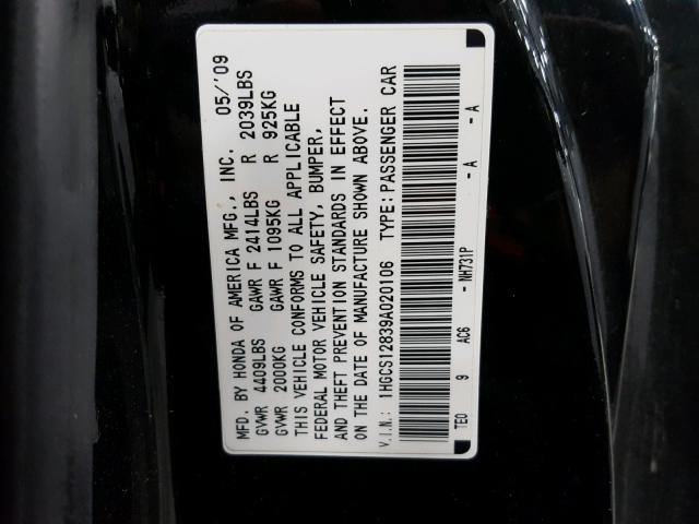 1HGCS12839A020106 - 2009 HONDA ACCORD EXL BLACK photo 10