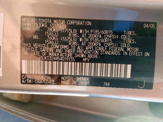 JTLKT324454019155 - 2005 TOYOTA SCION XB Grau Foto 10