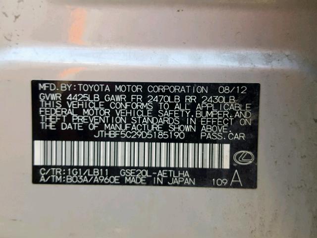 JTHBF5C29D5185190 - 2013 LEXUS IS 250 SILVER photo 10