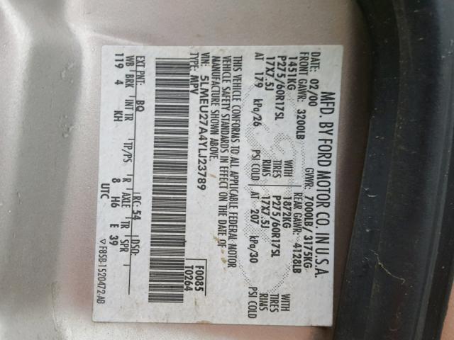 5LMEU27A4YLJ23789 - 2000 LINCOLN NAVIGATOR 棕色 照片 10