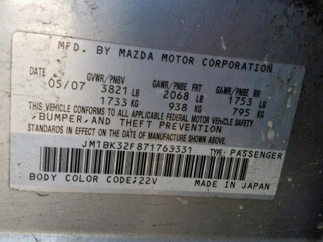 JM1BK32F871763331 - 2007 MAZDA 3 I SILVER photo 10