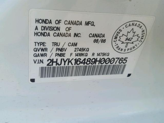 2HJYK16489H000765 - 2009 HONDA RIDGELINE WHITE photo 10