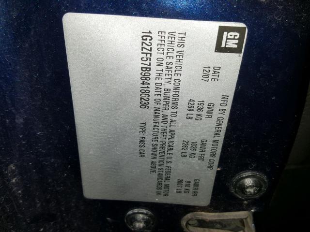 1G2ZF57B984186236 - 2008 PONTIAC G6 VALUE L BLUE photo 10