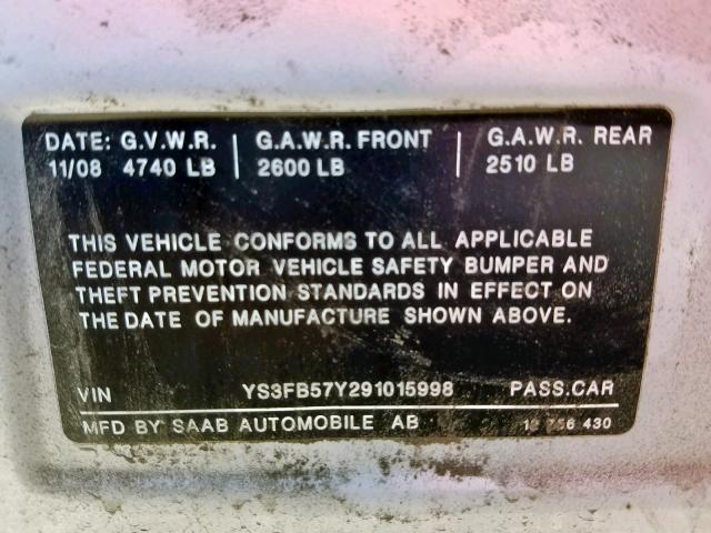 YS3FB57Y291015998 - 2009 SAAB 9-3 2.0T SILVER photo 10