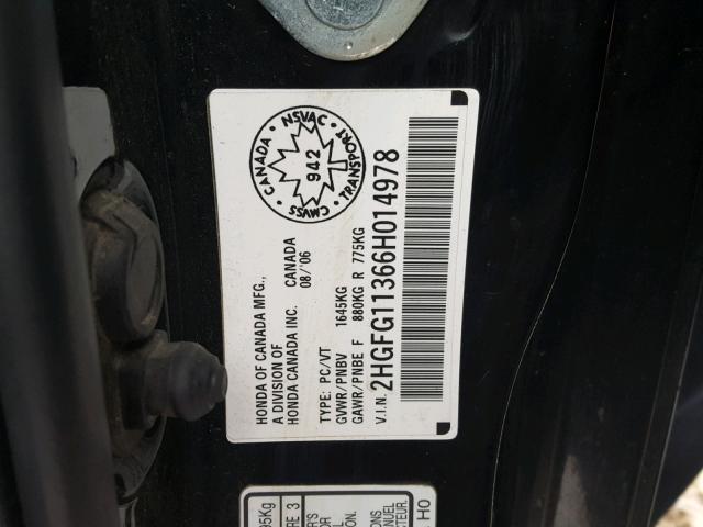 2HGFG11366H014978 - 2006 HONDA CIVIC DX V BLACK photo 10