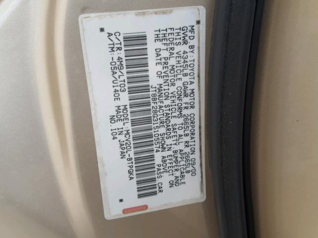 JT8BF28G315105574 - 2001 LEXUS ES 300 GOLD photo 10