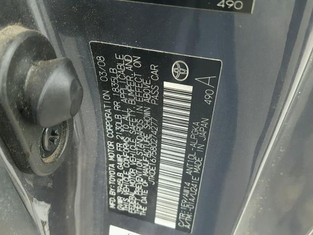 JTKDE167580274277 - 2008 TOYOTA SCION TC 灰色 照片 10