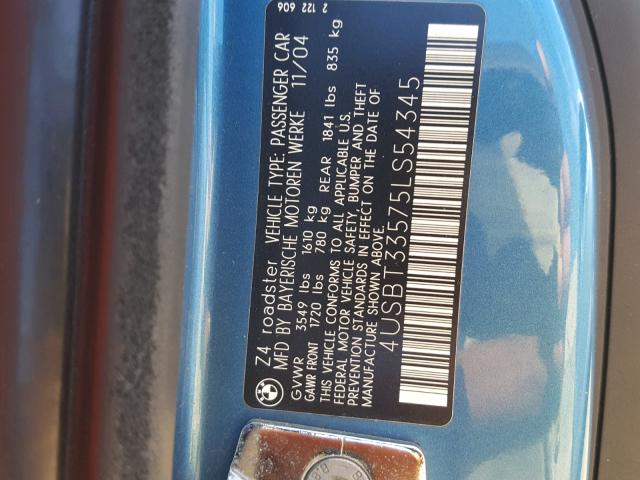 4USBT33575LS54345 - 2005 BMW Z4 2.5 BLUE photo 10