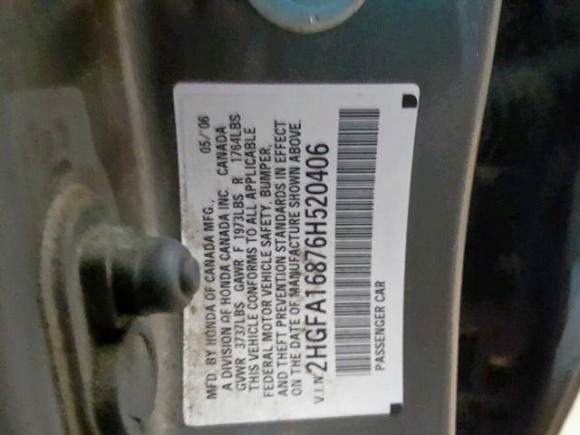 2HGFA16876H520406 - 2006 HONDA CIVIC EX GRAY photo 10