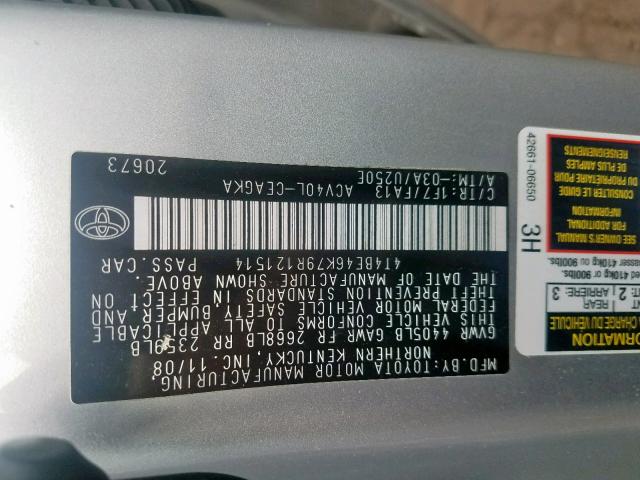 4T4BE46K79R121514 - 2009 TOYOTA CAMRY BASE SILVER photo 10