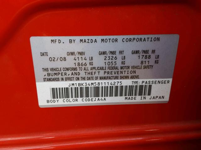 JM1BK34M581114275 - 2008 MAZDA SPEED 3 RED photo 10