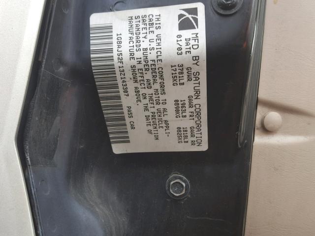 1G8AJ52F13Z143307 - 2003 SATURN ION LEVEL GOLD photo 10