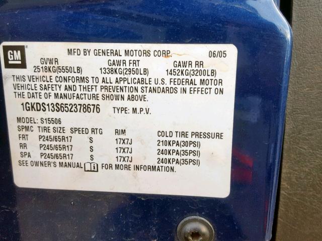 1GKDS13S652378676 - 2005 GMC ENVOY BLUE photo 10