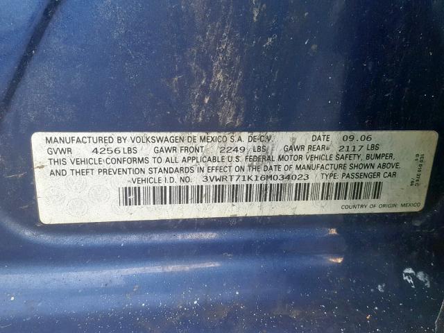 3VWRT71K16M034023 - 2006 VOLKSWAGEN JETTA TDI BLUE photo 10