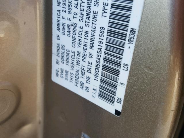 1HGCM56455A191569 - 2005 HONDA ACCORD LX TAN photo 10