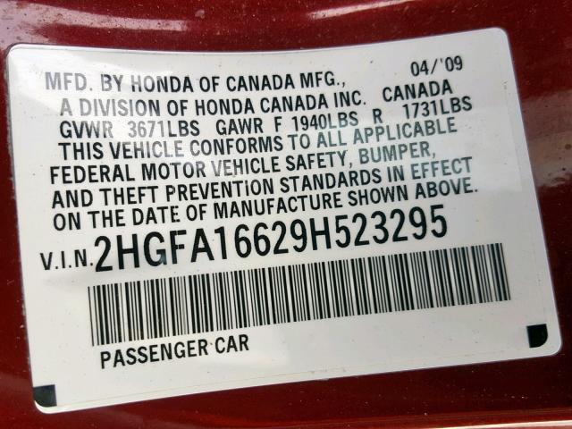 2HGFA16629H523295 - 2009 HONDA CIVIC LX-S Qırmızı foto 10