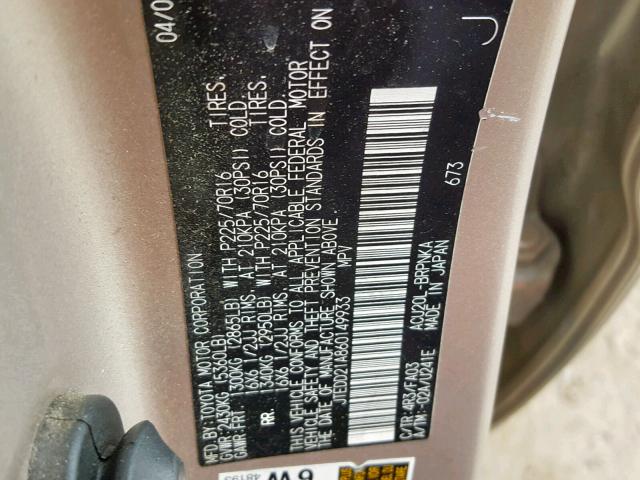 JTEDD21A860149933 - 2006 TOYOTA HIGHLANDER GOLD photo 10