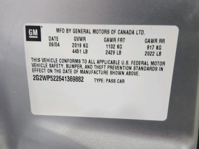 2G2WP522641369882 - 2004 PONTIAC GRAND PRIX SILVER photo 10