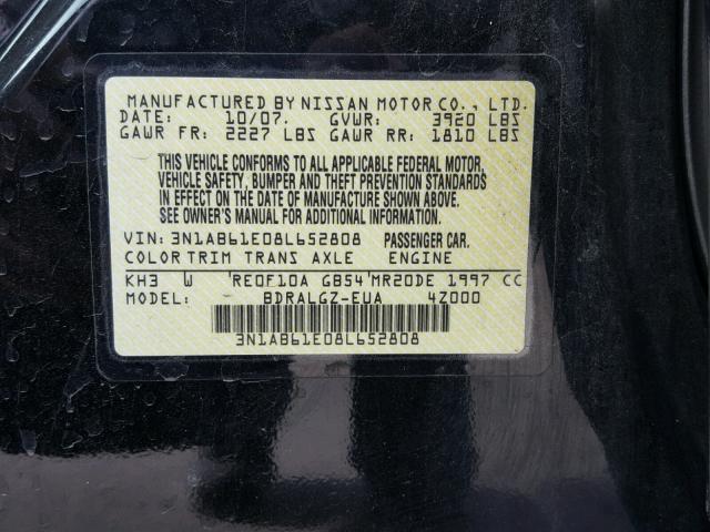 3N1AB61E08L652808 - 2008 NISSAN SENTRA 2.0 BLACK photo 10