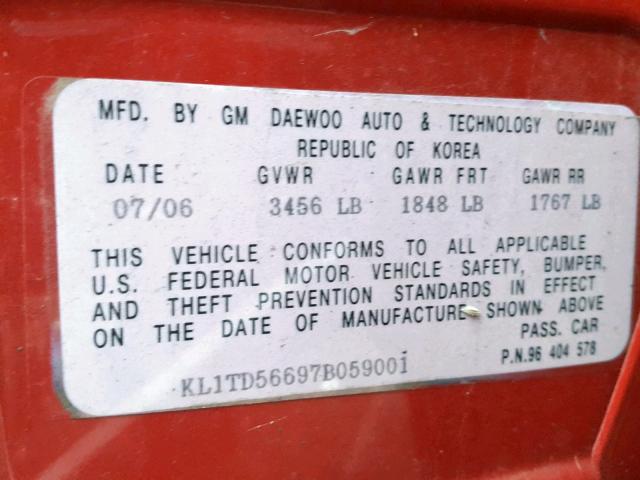 KL1TD56697B059001 - 2007 CHEVROLET AVEO BASE Қызыл фото 10