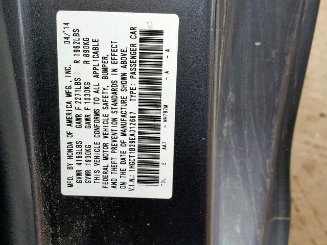 1HGCT1B39EA012667 - 2014 HONDA ACCORD LX- GRAY photo 10