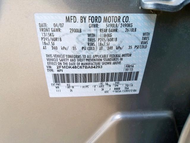 2FMDK48C67BA94293 - 2007 FORD EDGE SEL BEIGE photo 10