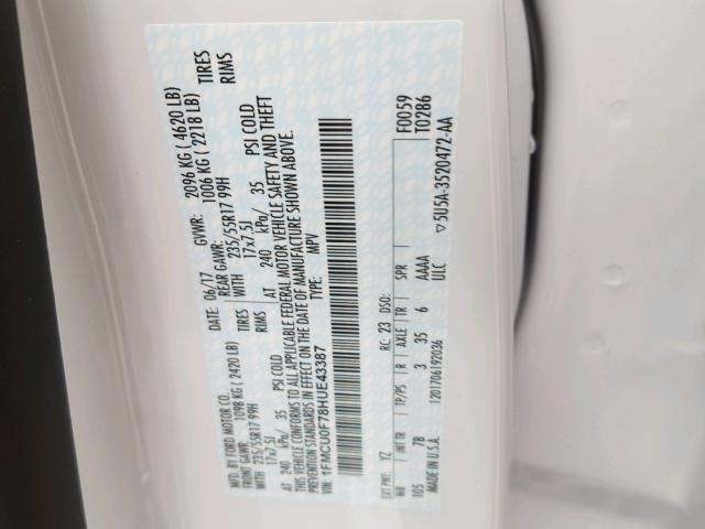 1FMCU0F78HUE43387 - 2017 FORD ESCAPE S WHITE photo 10