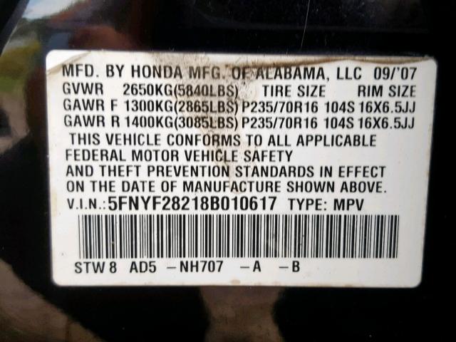 5FNYF28218B010617 - 2008 HONDA PILOT VP BLACK photo 10