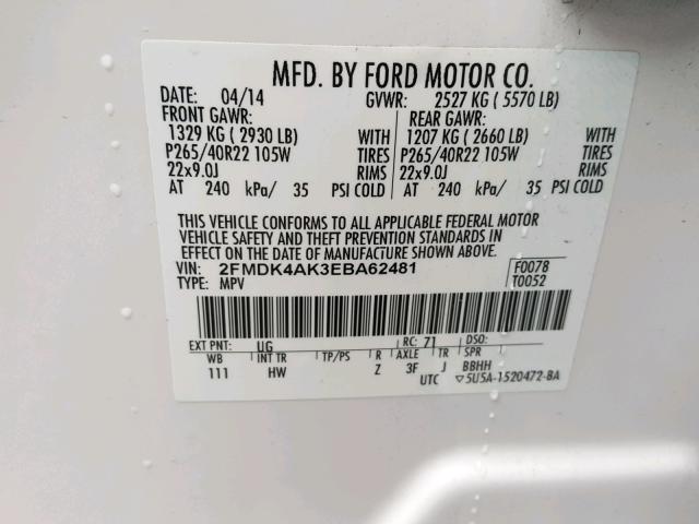 2FMDK4AK3EBA62481 - 2014 FORD EDGE SPORT WHITE photo 10