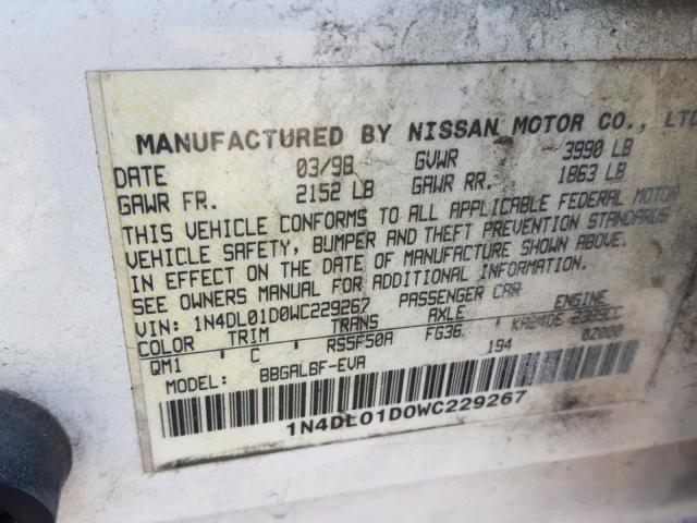 1N4DL01D0WC229267 - 1998 NISSAN ALTIMA XE WHITE photo 10