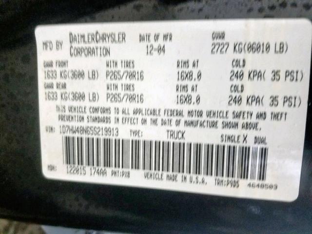 1D7HW48N65S219913 - 2005 DODGE DAKOTA QUA BLACK photo 10