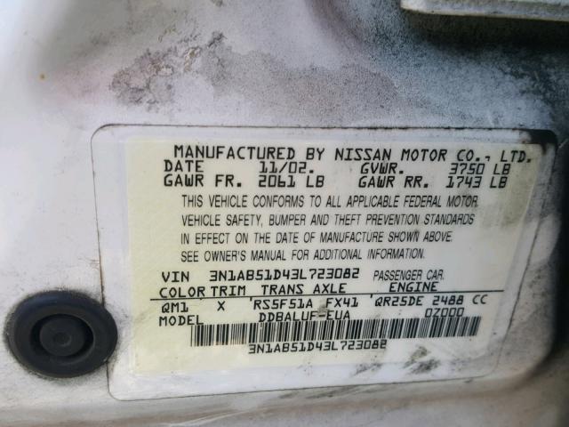 3N1AB51D43L723082 - 2003 NISSAN SENTRA SE- WHITE photo 10