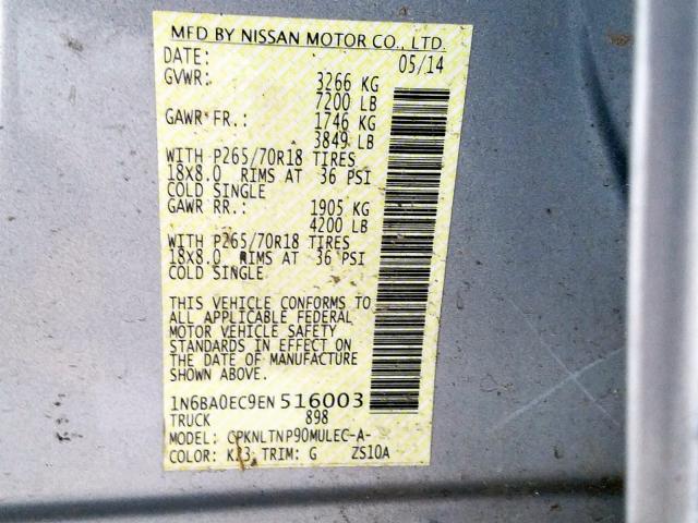 1N6BA0EC9EN516003 - 2014 NISSAN TITAN S SILVER photo 10